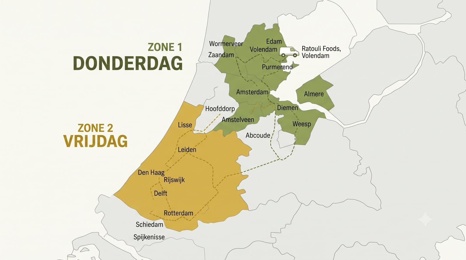 Kaart van ons bezorggebied. In het groen zone 1 op donderdag, rond Amsterdam, Almere, de Zaanstreek en Purmerend. In het oker zone 2 op vrijdag, van Rotterdam via Den Haag en Delft naar Leiden en de Bollenstreek.